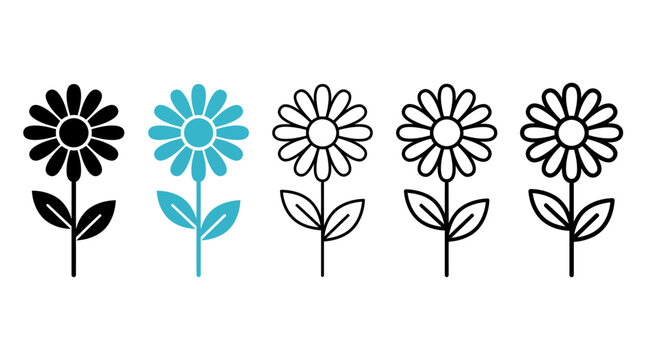 Row of stylized daisy flower icons with one blue standout blossom on white background