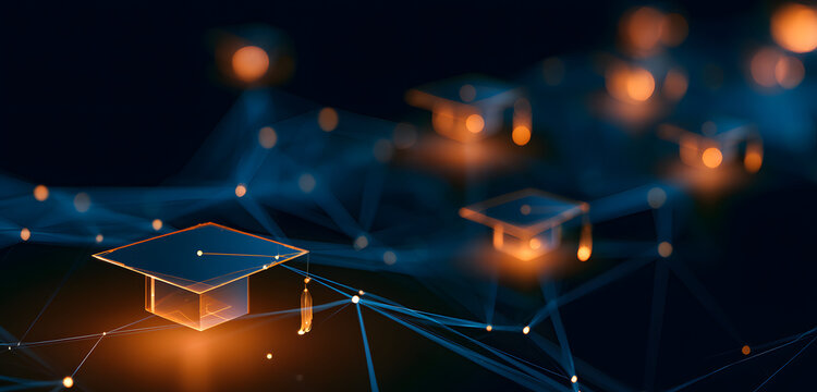 A futuristic abstract digital network featuring graduation cap icons for learning. Conceptualizes online education, knowledge growth, and digital learning systems. Focuses on computer science educatio