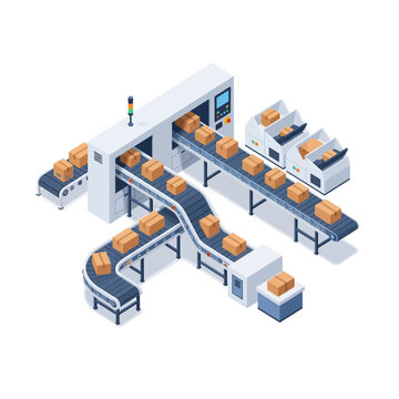 Isometric conveyor belt system with packages in warehouse.