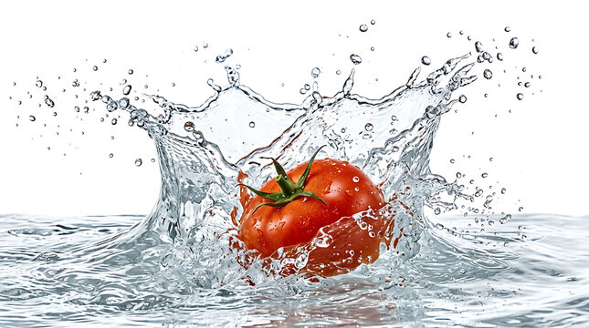 Vibrant red tomato falling into clear water creating a large dynamic splash with many droplets captured against a clean white studio background in high shutter speed