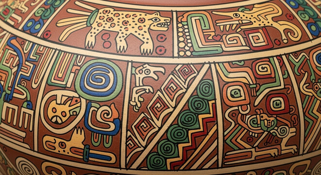Intricate ancient Aztec pottery showcases vibrant geometric patterns and symbolic animal figures, revealing a rich cultural heritage and masterful artisan craftsmanship from a bygone era
