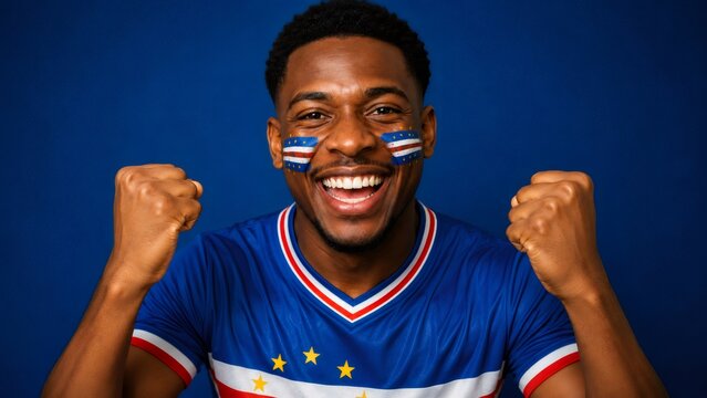 Cape verde football fan celebrating victory with flag face paint and clenched fists