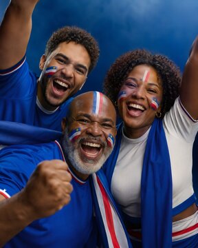 Cape verde football fans celebrating, cheering for their national team in a stadium