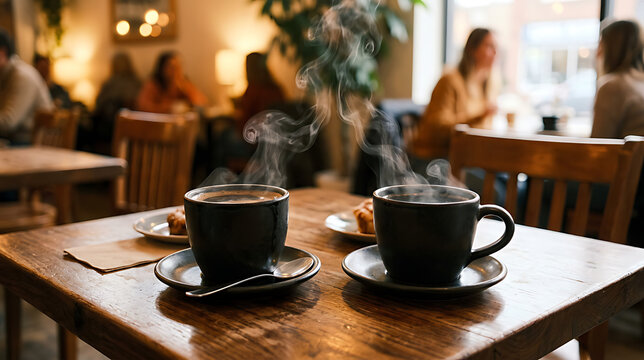 cozy coffee shop setting with two steaming cups of coffee on a rustic wooden table in a lively caf? environment with patrons