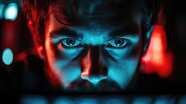 The image features a close up of a person's intense facial expression, with their face illuminated by a combination of blue and red lighting that creates stark contrast and dramatic shadows