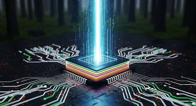 Computer microchip processor with glowing data circuit lines and energy beam microchip processor technology electronics hardware computer innovation futuristic semiconductor information