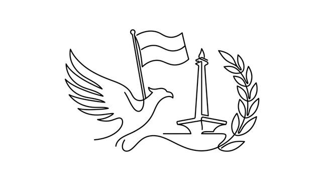 Line Art Emblem: Bird of Peace, National Monument, Indonesian Flag, and Laurel Wreath
