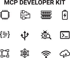 Fototapeta premium MCP Developer Kit Icons – Programming, AI Development, Debugging and Automation Outline Vector