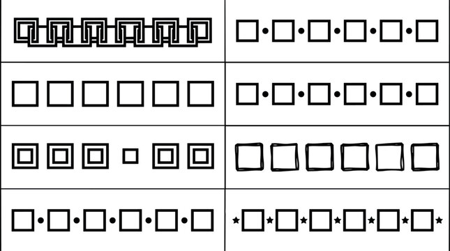 Black and white geometric square borders with dots and stars in line art