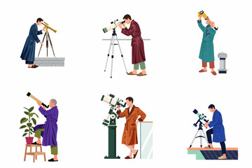 Fototapeta premium Collection of diverse men in bathrobes and slippers using telescopes for stargazing and observation in various indoor and outdoor settings.