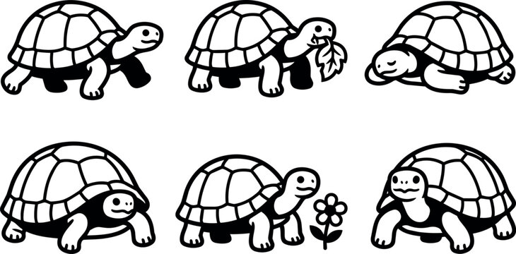 Black and white cartoon turtles walking eating leaf sleeping and standing with flower