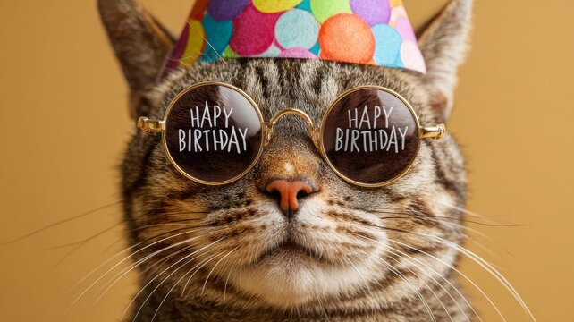 Funny cat celebrating birthday wearing festive sunglasses with playful expression, cute happy pet party portrait for birthday celebration, greeting card, invitation, social media banner, festive anima