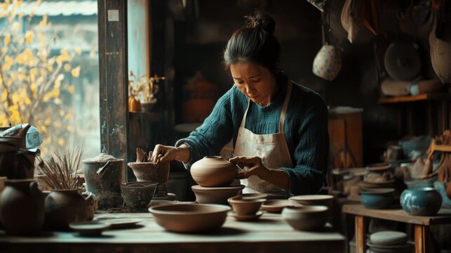 Focused artisan crafts a ceramic bowl in a rustic pottery  filled with clay tools.
