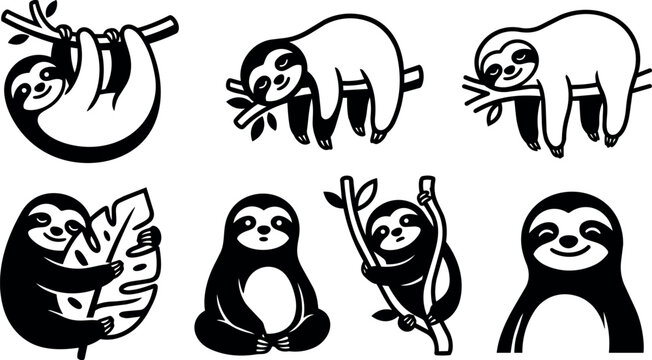 Black and white cartoon collection of seven playful sloths in various poses