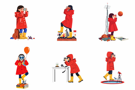 Collection of six flat illustrations of a young girl in a red raincoat exploring space, science, and nature through various scientific tools.