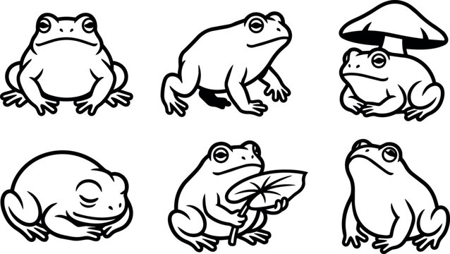 Black and white line art six frogs with mushroom and leaf