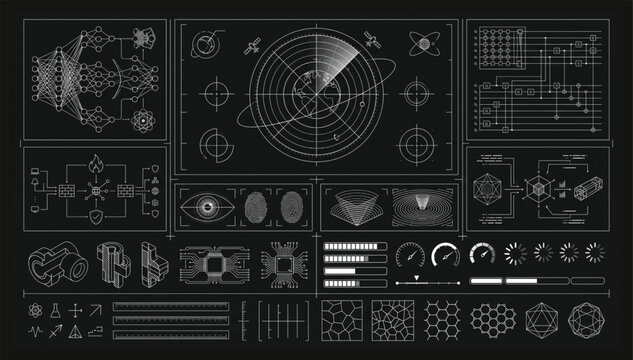 Futuristic hud interface elements and data visualization hud icons set with interface futuristic technology elements dashboard information navigation computer abstract template analysis