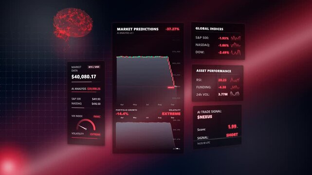 Wide extreme macro close-up inspecting a bear market alert system featuring a flashing red panic liquidation dashboard inside a intricate data clusters displaying English metrics.