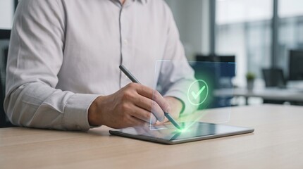 Fototapeta premium Digital approval hologram, green checkmark icon, business hand using stylus on futuristic interface, data verification, success, technology, UI concept