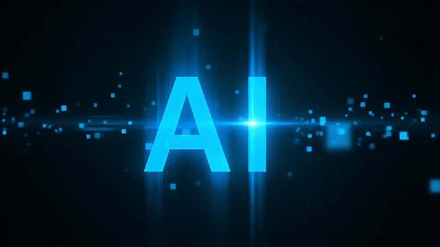 Ai text logo animation with blue glowing particles and digital light effects