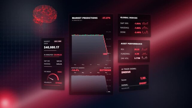 Wide dynamic offset perspective showing a bear market alert system featuring a flashing red panic liquidation dashboard inside a left-aligned trading map displaying English metrics.