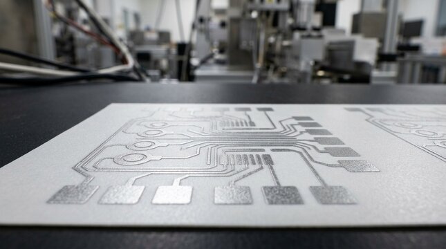 Close-up of freshly printed biosensor electrode traces on a test strip substrate - Pharmaceutical Manufacturing Stock Photo