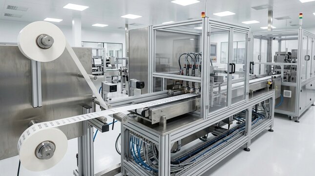 Blood glucose test strip manufacturing line with a continuous reel of biosensor material passing through a printing station applying fine electrode traces - Pharmaceutical Manufacturing Stock Photo