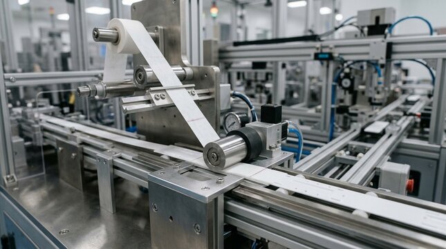 Lateral flow diagnostic test cassette assembly line with nitrocellulose membrane strips being laminated onto plastic backing cards - Pharmaceutical Manufacturing Stock Photo