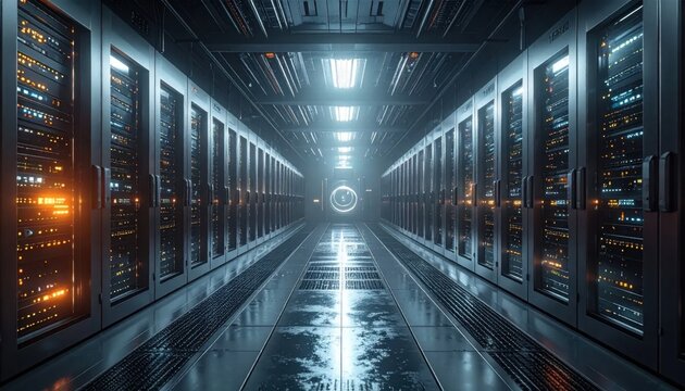 Data center server room corridor with illuminated racks, cloud computing infrastructure, technology network, digital security, storage, modern connectivity