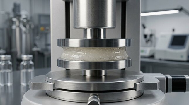 Close-up of a rheometer's parallel plate geometry testing the viscosity of a pharmaceutical gel formulation - Pharmaceutical Manufacturing Stock Photo