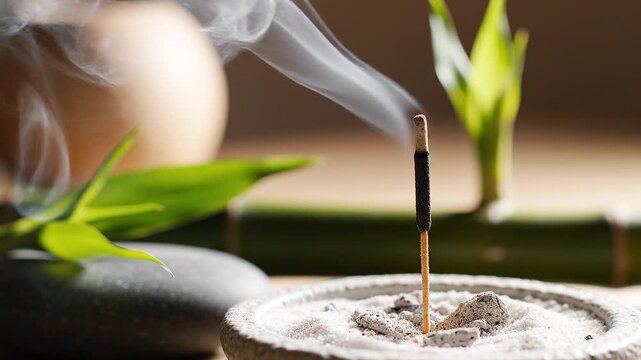 Serene video of burning incense stick with smoke in minimalist wellness spa