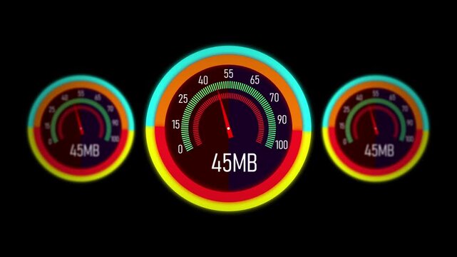 Dynamic digital data transfer progress indicator featuring three synchronized colorful circular gauges measuring increasing megabyte upload speeds against a sleek minimalist black background interface