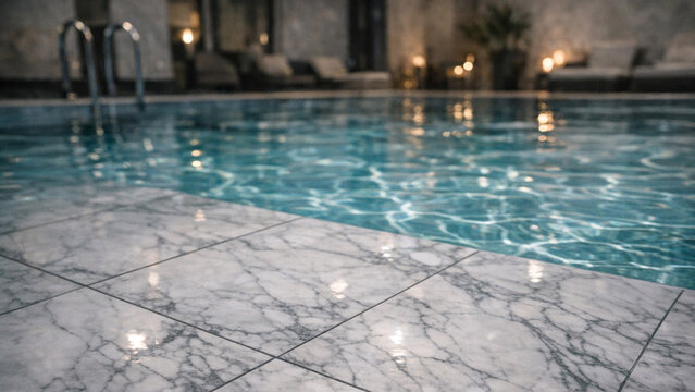 Nighttime swimming pool scene with light reflections.