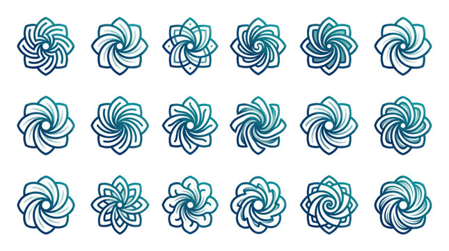 Collection of blue swirly decorative shapes.