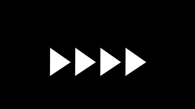 Minimalist motion featuring sequential white play button arrows appearing on a solid black background, for modern user, interface digital media, navigation, and interactive web