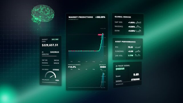Wide extreme macro close-up inspecting a bull market dashboard featuring a glowing green predictive algorithm inside a intricate data clusters displaying English metrics.
