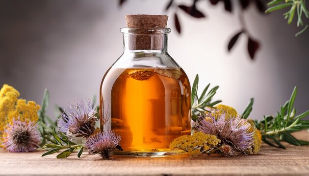 Amber Liquid In Glass Bottle With Floral Botanical Infusion