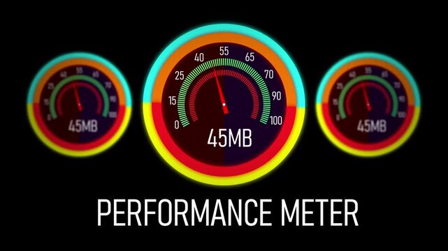 Dynamic digital performance meter interface featuring animated circular gauges with real-time data visualization for high-speed network monitoring, system analytics, and modern technological