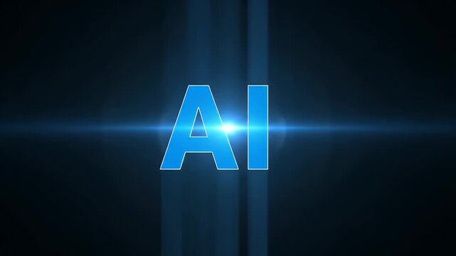 Ai text logo animation with glowing blue light effect on dark background