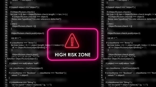 Cybersecurity alert concept featuring a glowing neon risk zone warning sign overlaid on scrolling javascript programming code background, for advanced software, development and digital,