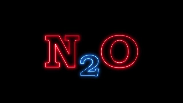 Nitrous oxide chemical symbol n2o glowing neon animation on black background clip.