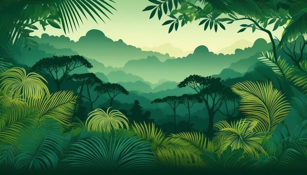 Jungle Landscape Layered Background With Rainforest Parallax Effect Horizontal Green Panoramic Backdrop With Lianas Palms Trees And Bushes