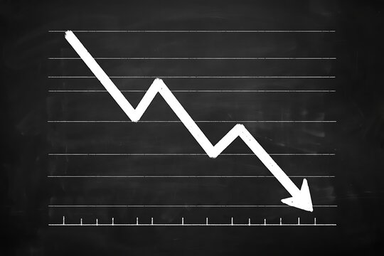 Chart with white decreasing arrow on black background with lines  business statistics and finance concept