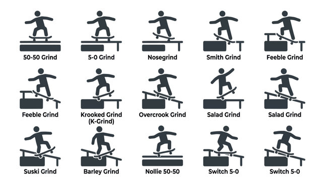 Variety of Grind Skateboard Tricks Icons.