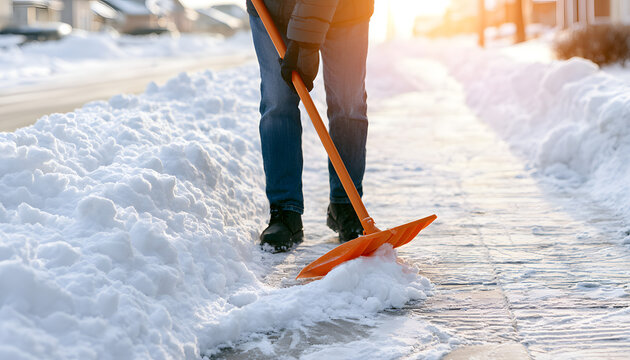 A person employs an orange shovel to clear snow from a sidewalk on a sunny winter morning. The chilly weather demands physical exertion. Streets in the residential area require this outdoor task