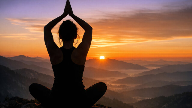 A woman in a yoga pose at sunset, enjoying the tranquility of nature.
