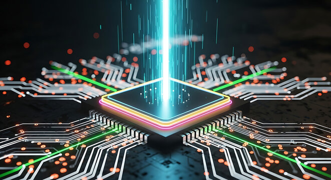 Futuristic computer processor chip with neon energy data flow processor technology semiconductor computing electronic hardware innovation abstract component motherboard microchip
