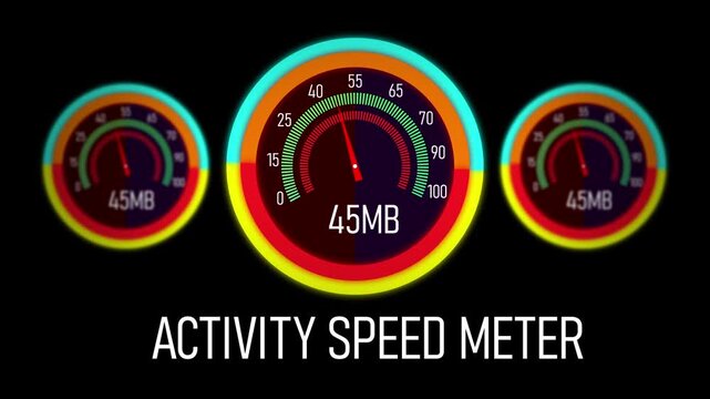 Dynamic digital activity speed meter interface featuring triple circular gauges with rising data transfer rates and colorful progress indicators for high-speed network performance monitoring and
