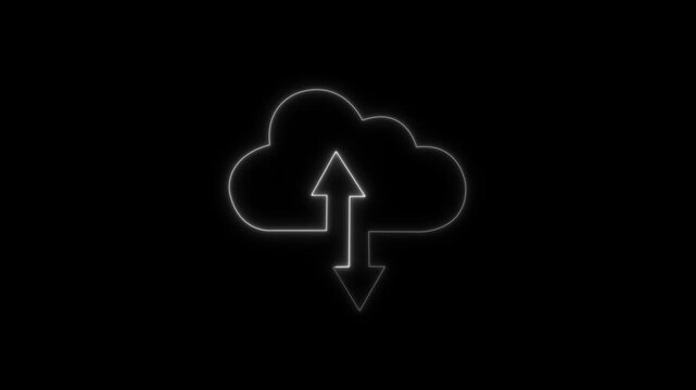 Neon glowing cloud computing with animated up and down data transfer arrows for modern digital infrastructure, network connectivity, cloud storage solutions, and high-tech web interface