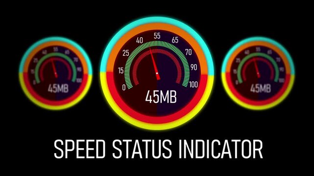 Dynamic digital speedometer gauge interface displaying real-time data transfer rates with glowing colorful circular progress indicators for high-speed network performance monitoring and analytics